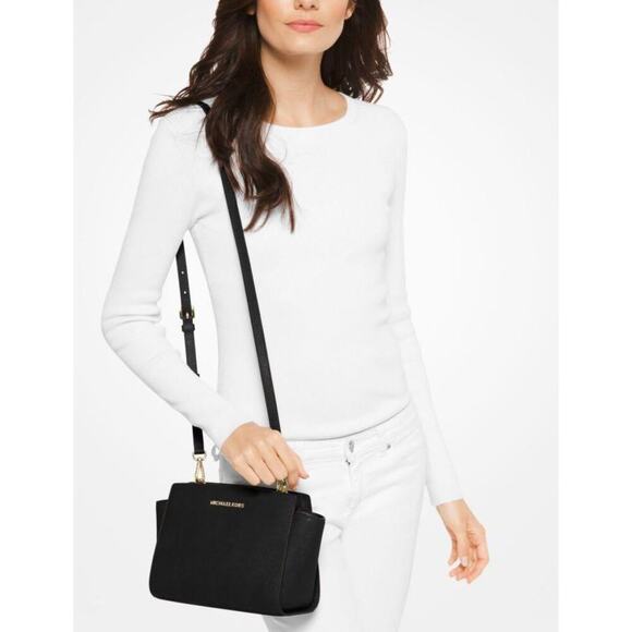 KORS Michael Kors Handbags - Michael Kors Selma Mini Saffiano Leather Crossbody Black and Gold